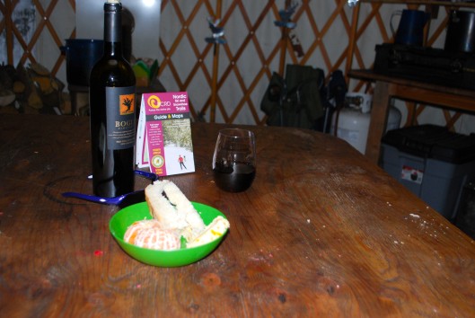 Snowshoed in about .5 mile to my yurt. Celebrated with a wine/cheese snack